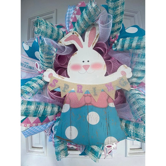Pink Blue & White Easter Bunny Rabbit Spring Deco Mesh & Ribbon Wreath xxx - Picture 9 of 9